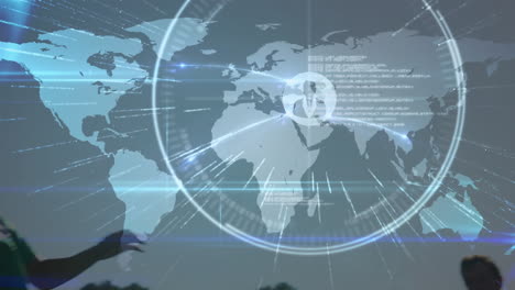 animation with globe of network of connections with people icons over football players practicing