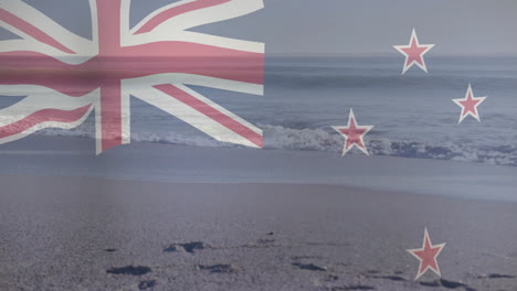 New-Zealand-flag-animation-over-beach-waves-and-footprints-in-sand