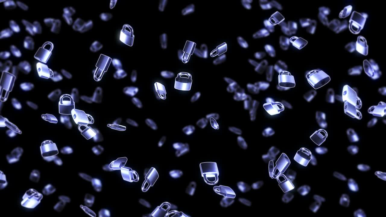 검은색 배경에 많은 은색 패들록을 날리는 보안 또는 비밀 보호 개념, 회전하는 패들록의 3d 애니메이션, 루프 애니메이션.