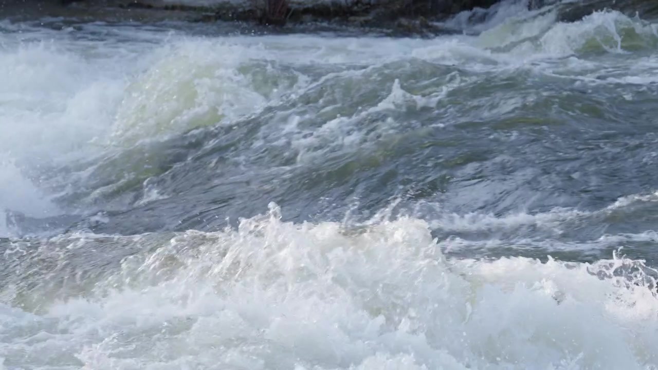 Reißende Flussströmungen kaskadieren über Kalksteinfelsen und erzeugen kontinuierliche Wildwasserwellen. Die Schneeschmelze im Frühling sorgt für einen hohen Wasserfluss durch die Sauble Falls in Ontario.
