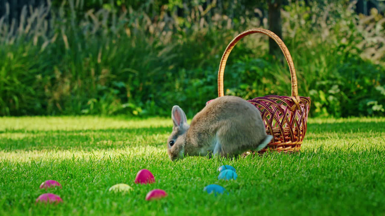 conejo de Pascua en una canasta con huevos