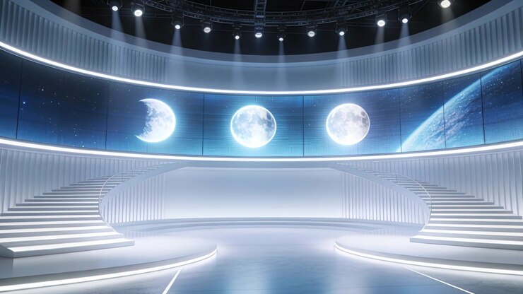 En animeret buet LED-skærm viser en planet, mens studielamper og gulvlys hæves til en udsendelse.