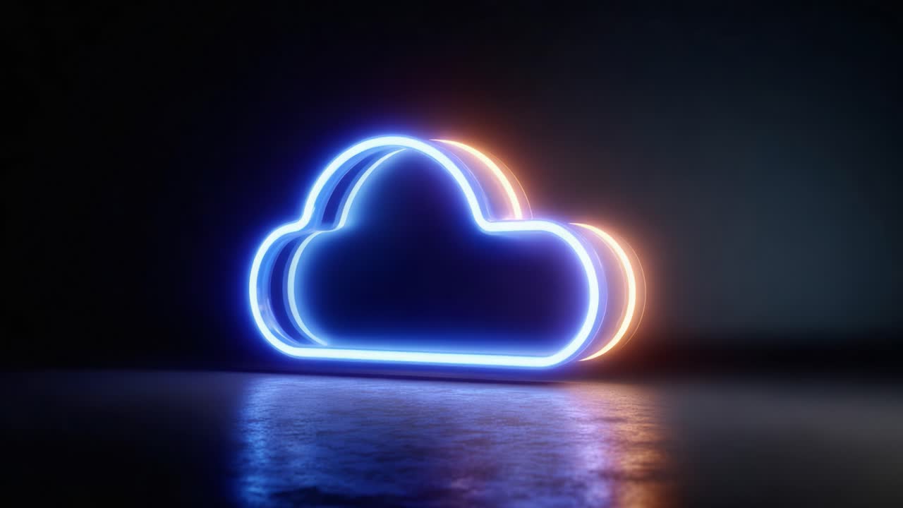 Illuminated Cloud Icon in Neon Style Against a Dark Background, Showcasing a Modern Interpretation of Digital Connectivity and Technology