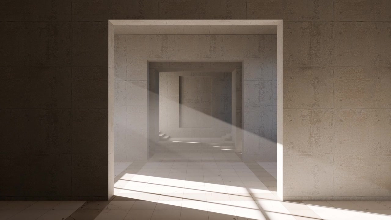 Luce solare che filtra attraverso archi di cemento nell'architettura minimalista.
