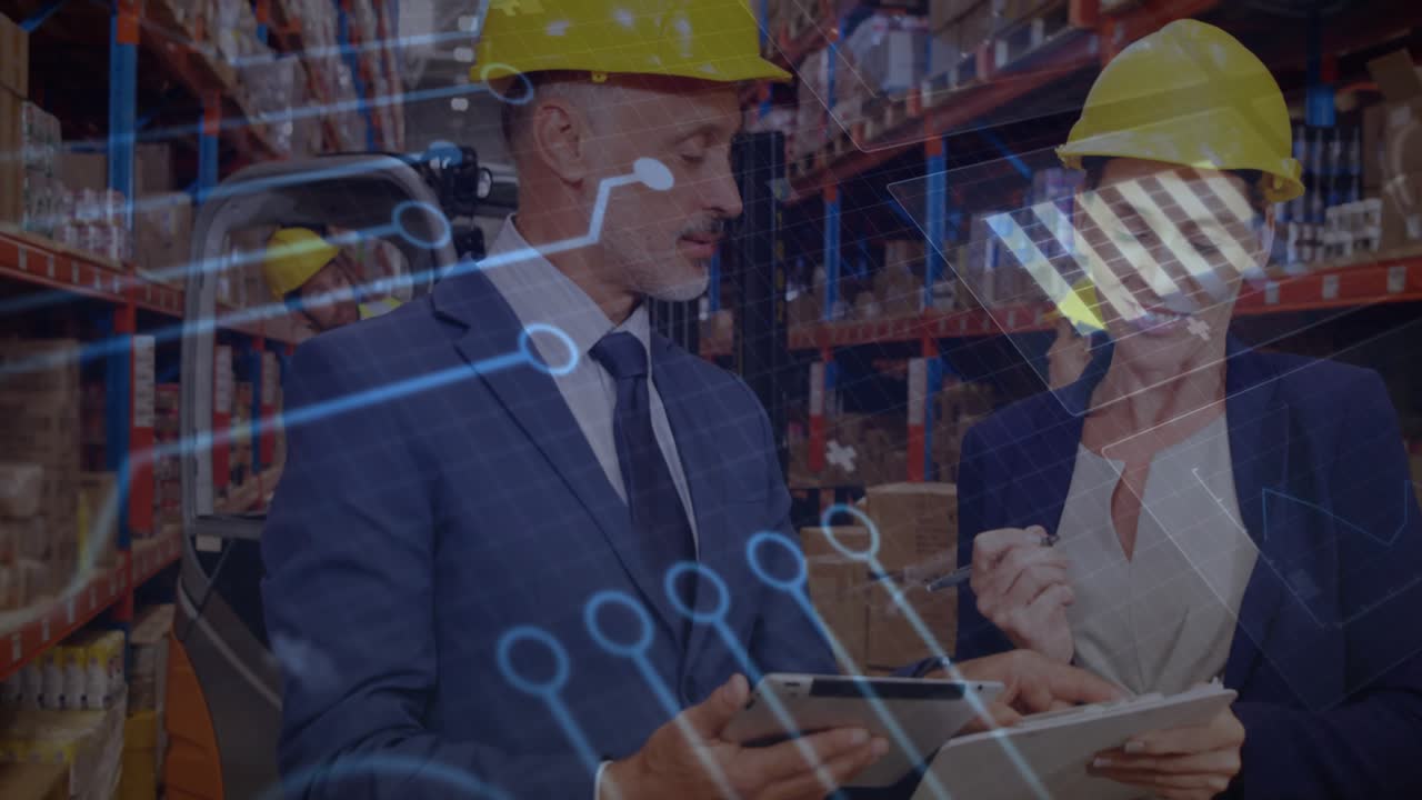 Warehouse supervisors checking inventory in aisle as circuit graphics emerging confirming accuracy