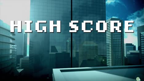 animation of white pixel text high score, over modern cityscape