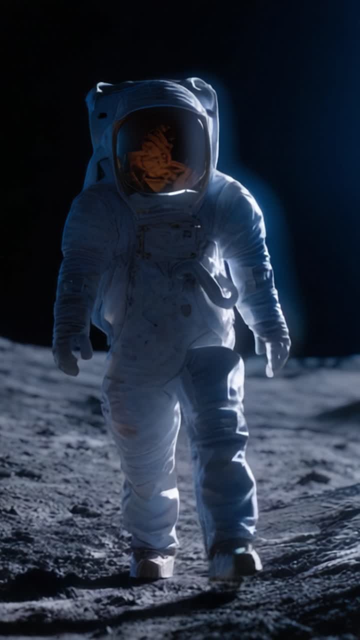 An astronaut in a space suit explores the lunar surface, showcasing the isolation, bravery, and adventure of space exploration under a dark sky