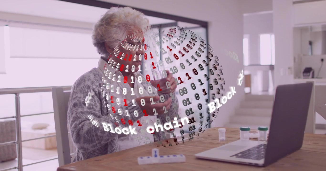 Senior woman picking vial, squeezing drops into health test in kitchen, spinning blockchain globe