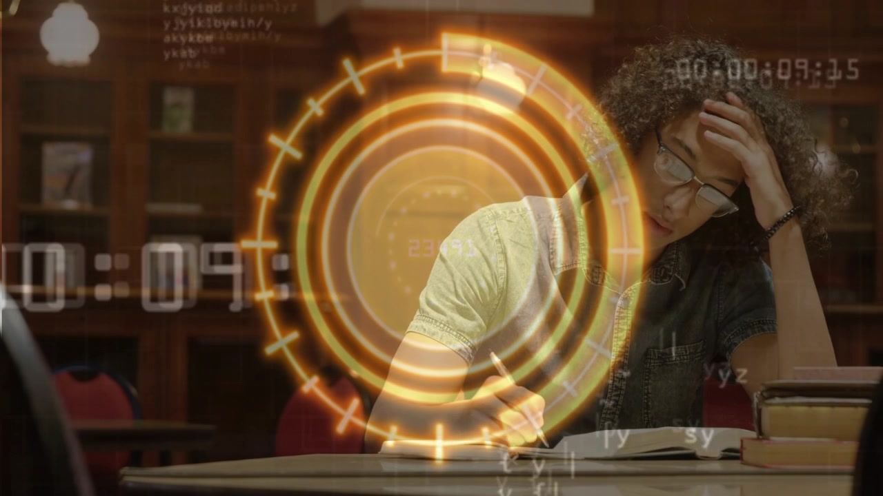 Male student starting timer, flipping pages, writing notes, studying, HUD overlay obscuring torso
