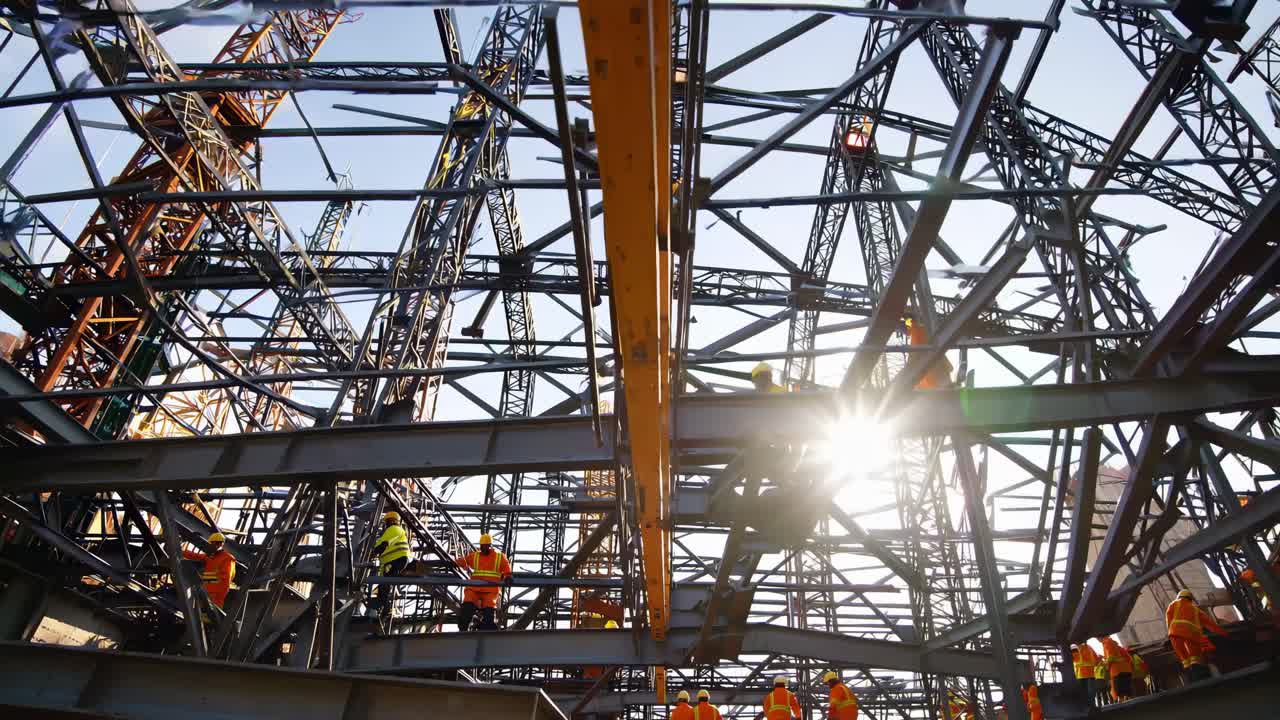 Low-angle shot of construction workers in safety gear on steel beams, capturing dynamic teamwork