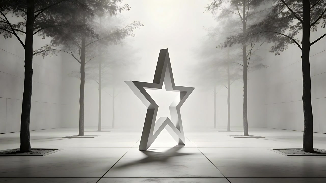 Escultura de estrella hueca giratoria inclinándose, invirtiéndose, volviendo a la posición vertical en un atrio con niebla y suelo de baldosas.