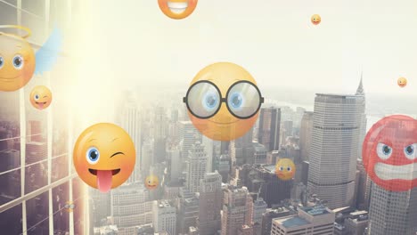 Animation-of-emoji-icons-flying-up-over-cityscape