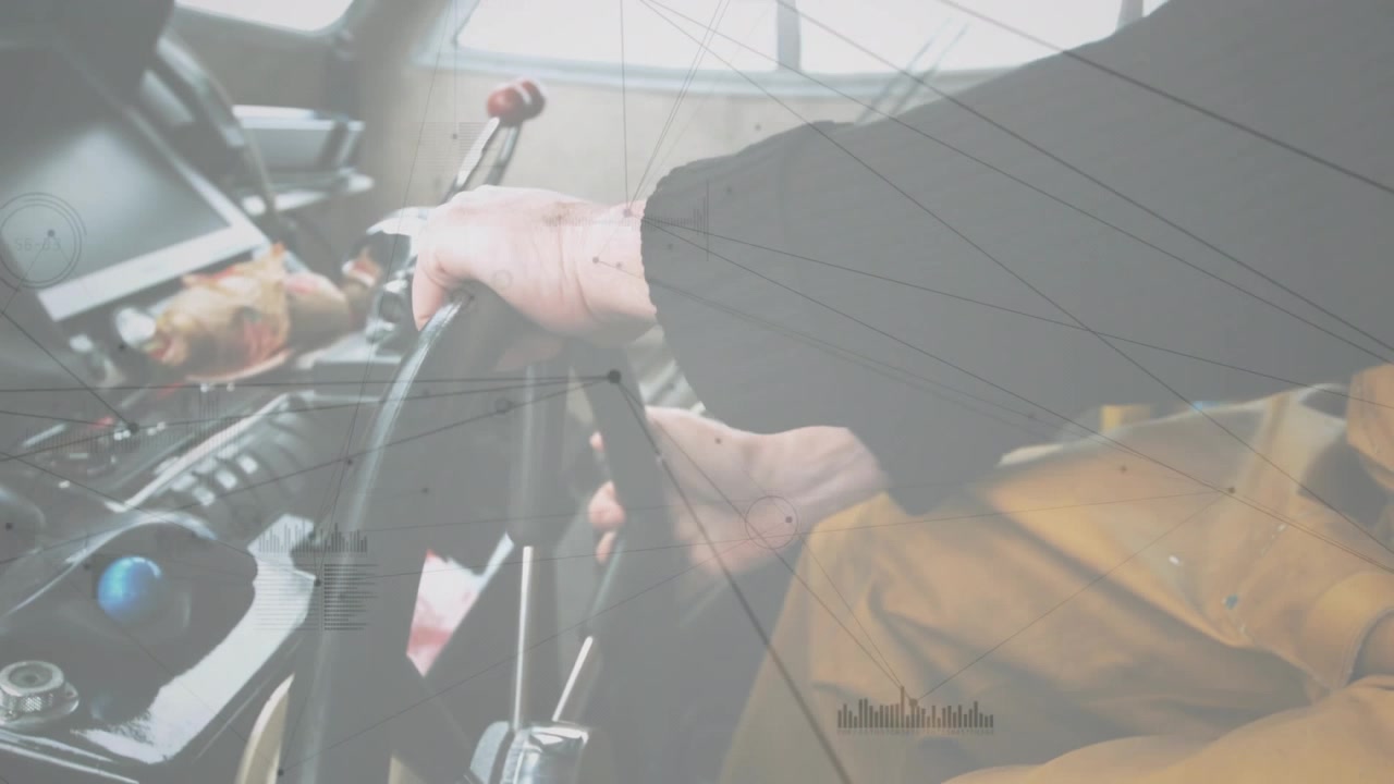 Animation of financial data processing over business people using escalator in office