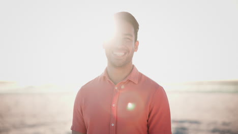 Happy,-face-and-asian-man-laughing-at-beach