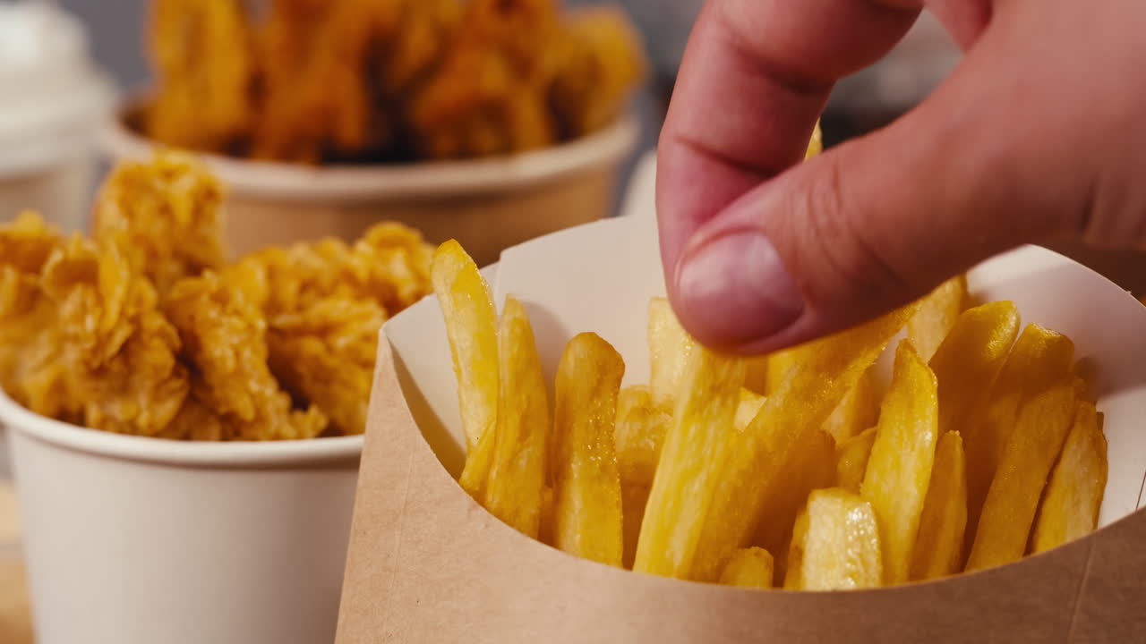 Hand Picking Fries from Paper Container