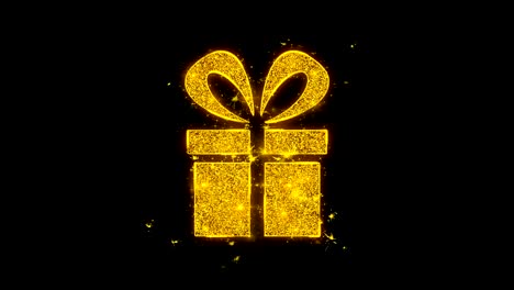 red ribbon gift box present icon sparks particles on black background.