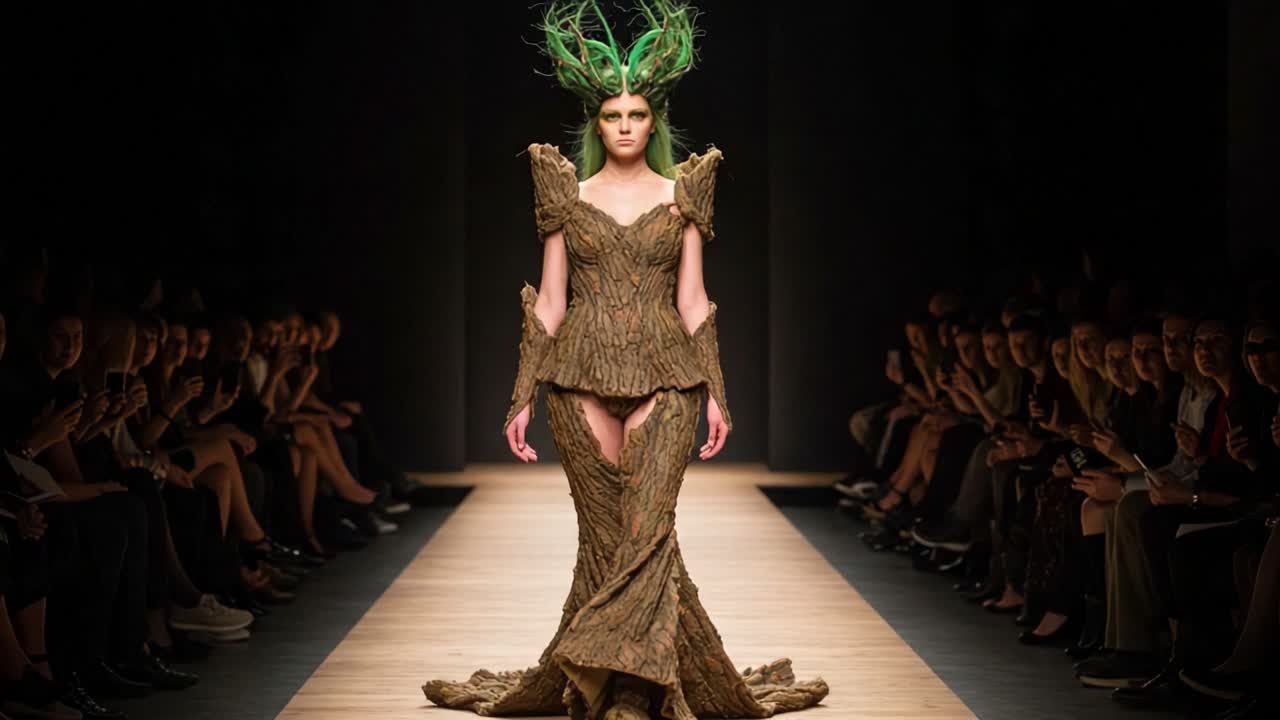 A Stunning Fashion Show Highlighting Ethereal Designs with a Nature-Inspired Model Walking Down the Runway, Showcasing Artistic Green Hair and Textured Earthy Attire