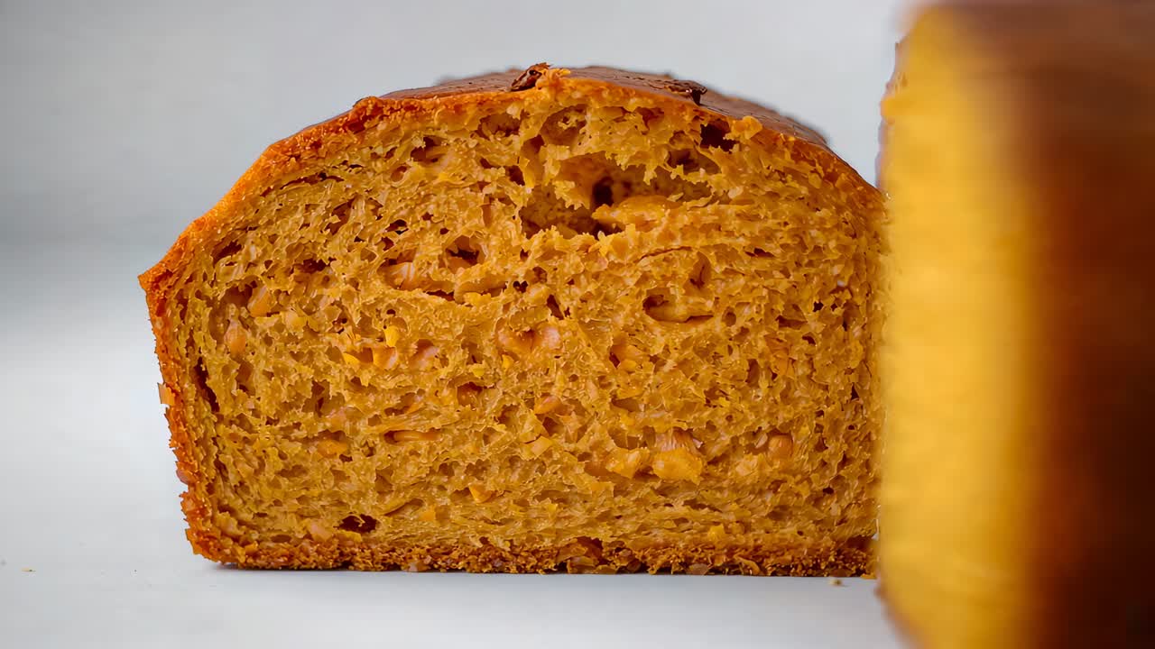 Shifting right slice revealing crumb, camera zooming on halved loaf on white table, crumbs forming