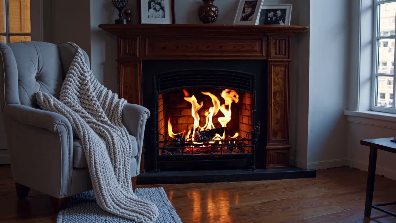 Cozy living room with a lit fireplace, plush armchair, and knit blanket