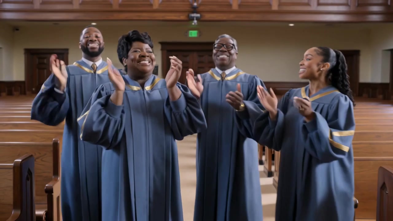 Opening clap cueing center female singer leading worship song in church aisle wearing blue robes