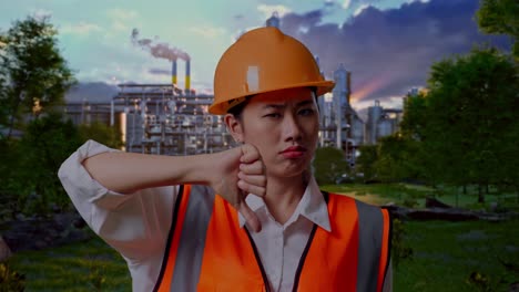 close up of asian female engineer with safety helmet showing thumbs down gesture and shaking her head while standing in front of oil refinery