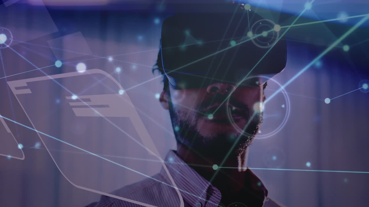 Animation of network of connections over businessman wearing vr headset