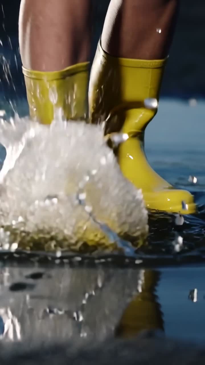 Vertical video: Lifting heel, legs in yellow boots stomping puddle, creating splashes, reflections