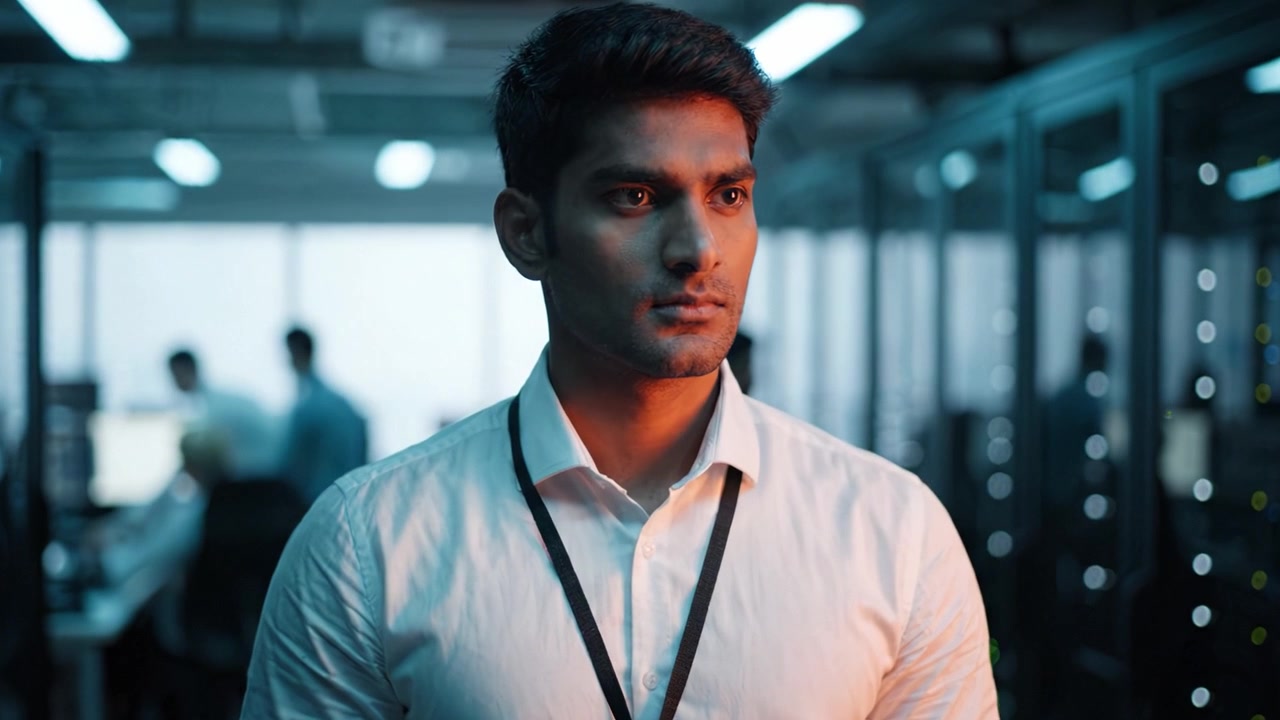 A focused individual standing in a data center, showcasing determination and concentration amidst a backdrop of technology and busy professionals working.