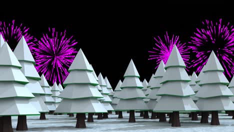 Animation of pink and blue christmas and new year fireworks over white tree shapes in night sky