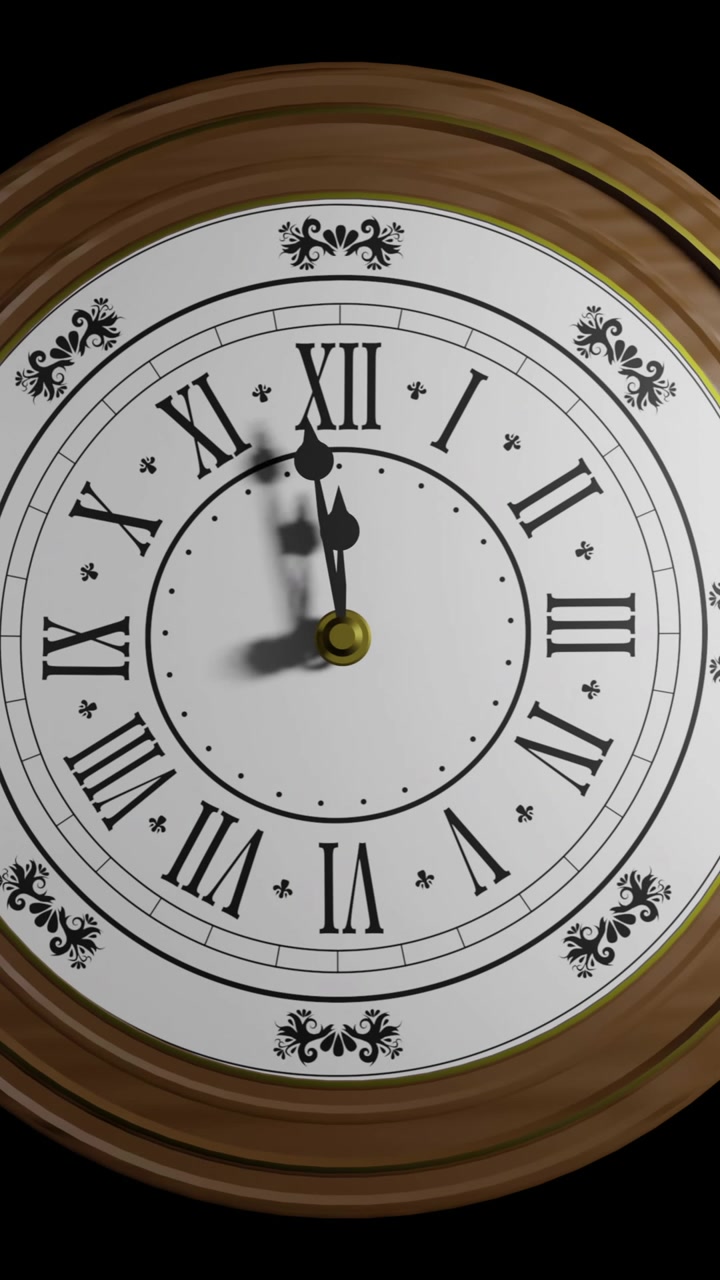 Animation of retro clock ticking showing midnight on black background