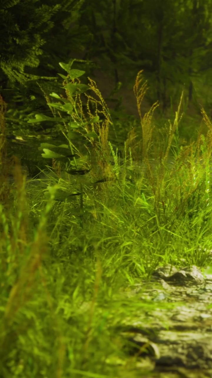Erba verde e piante riempiono uno spazio naturale in una foresta a mezzogiorno