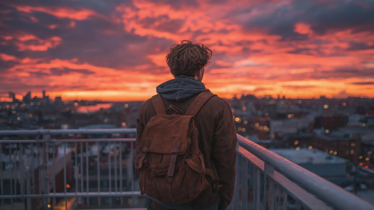 Una figura contemplativa in piedi su un tetto, che osserva un tramonto mozzafiato che dipinge il cielo con vivaci tonalità arancioni e viola, creando un sereno paesaggio urbano