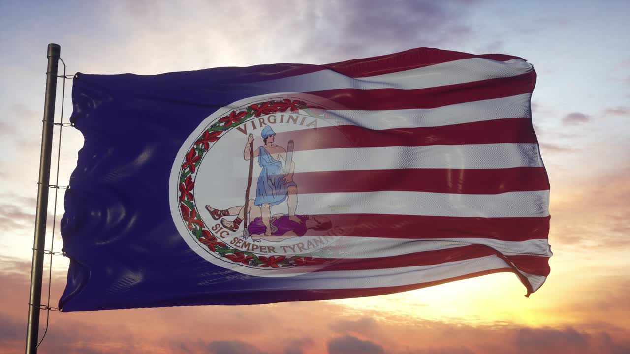 bandera de virginia y estados unidos en el mástil de la bandera. estados unidos y virginia bandera mixta ondeando en el viento