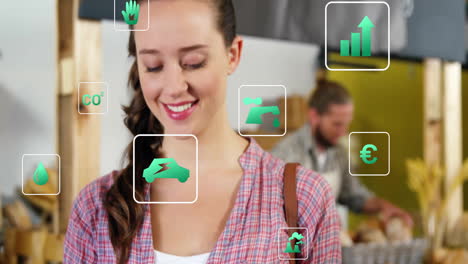 In market, woman surrounded by green eco-friendly icons, focusing on animation