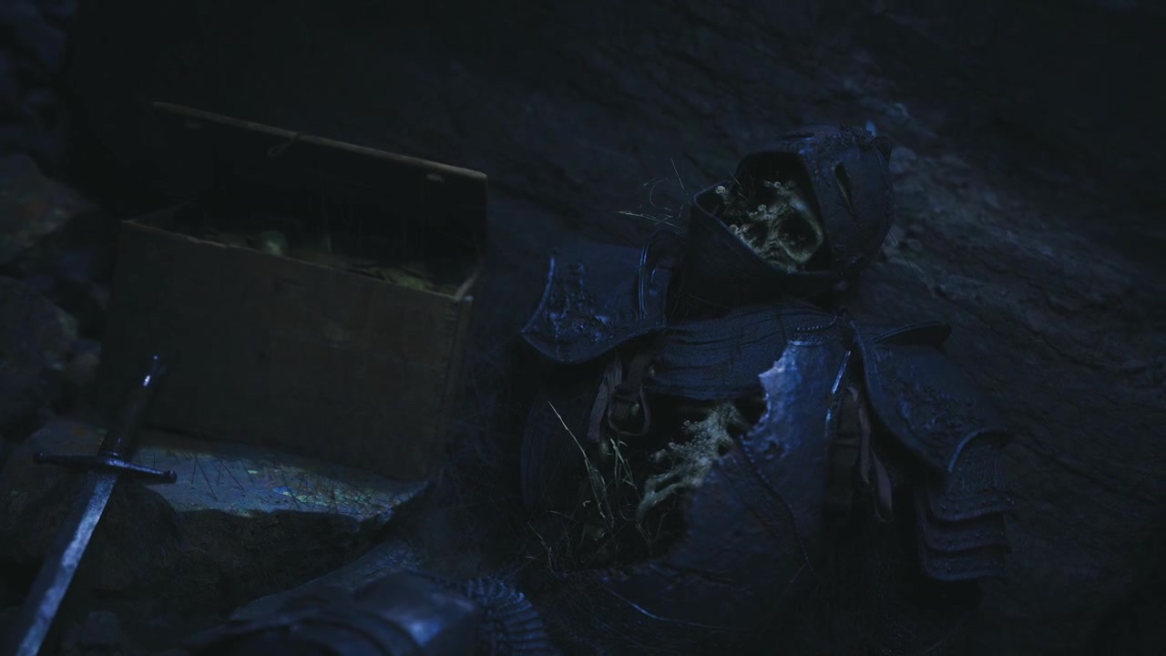 Ancient skeletal remains corroded armor and skeletal remains lie abandoned