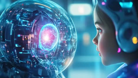 a girl looking at an ai brain inside a globe