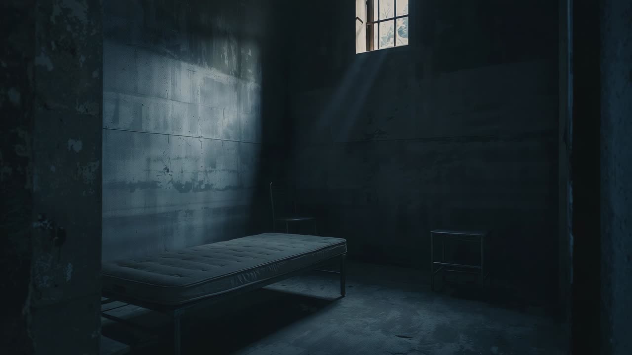 Casting high barred window sending cold blue light across metal bed frame and crate in cell