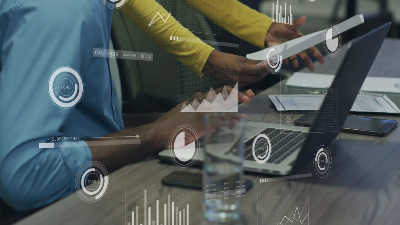 Animation of icons and data processing over diverse business people in office