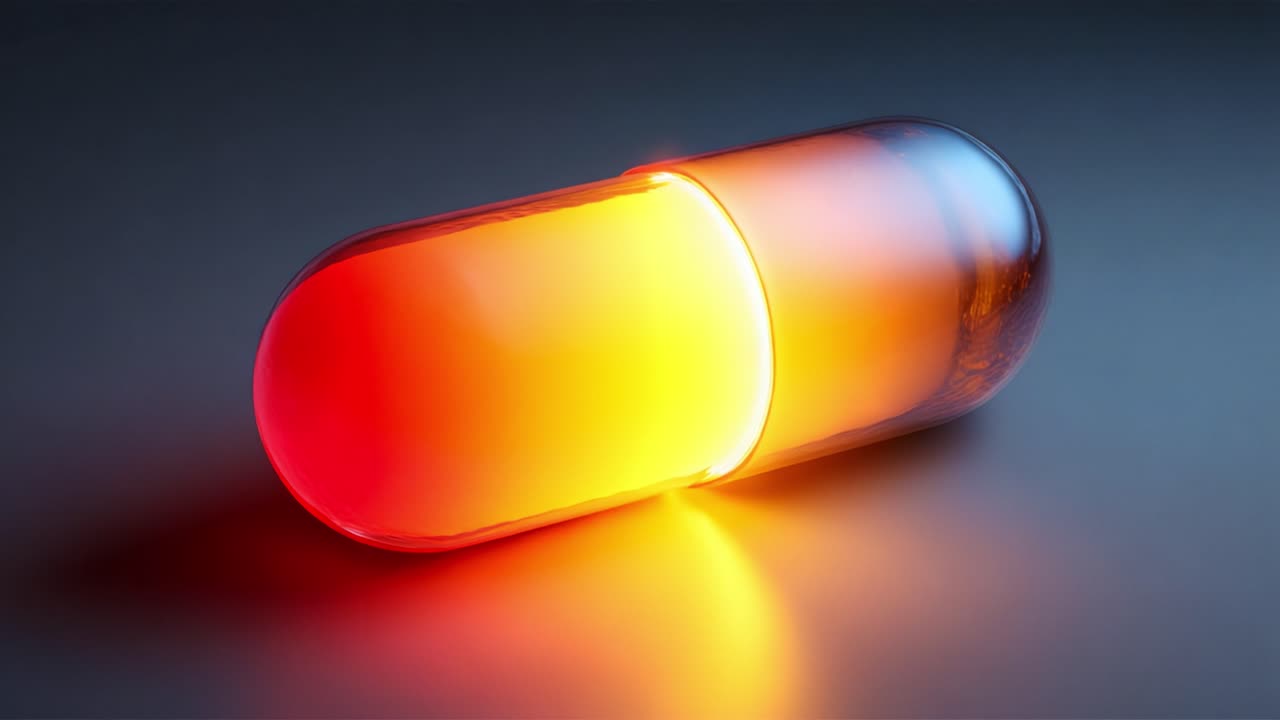 A striking visual of a vibrant capsule illuminated with varying shades that create a striking contrast against the soft background, evoking themes of health, pharmaceuticals, and wellness