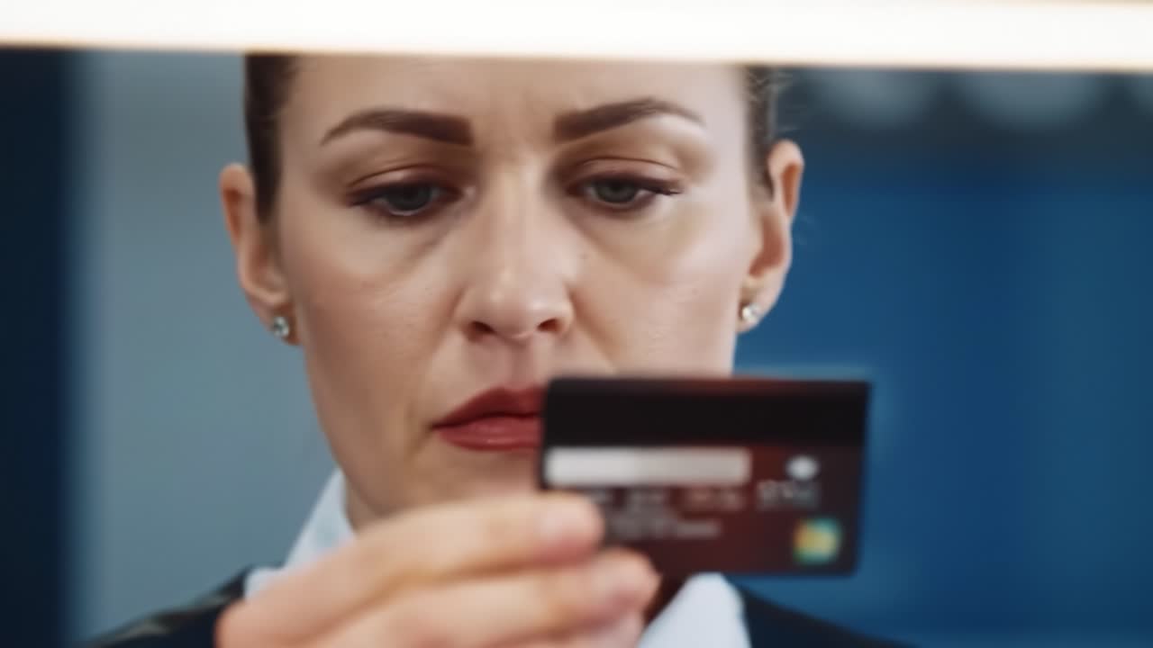 A woman carefully examines a credit card, showcasing attention to detail and the importance of verification in financial transactions, conveying a sense of focus and professionalism.