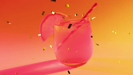 animación de confeti cayendo y cóctel en fondo rojo a amarillo