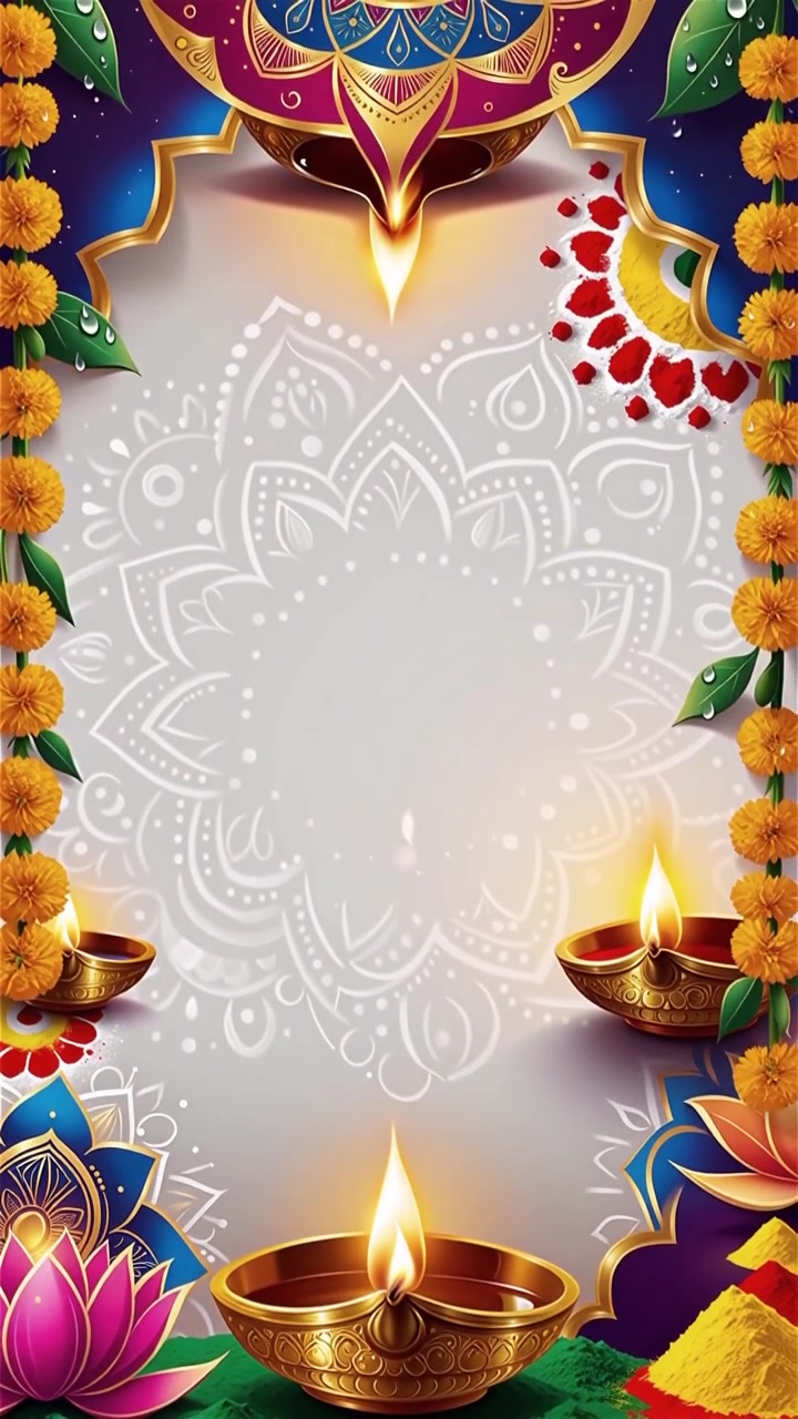 Sfondo Diwali con Diyas luminosi, Rangoli e fiori di loto