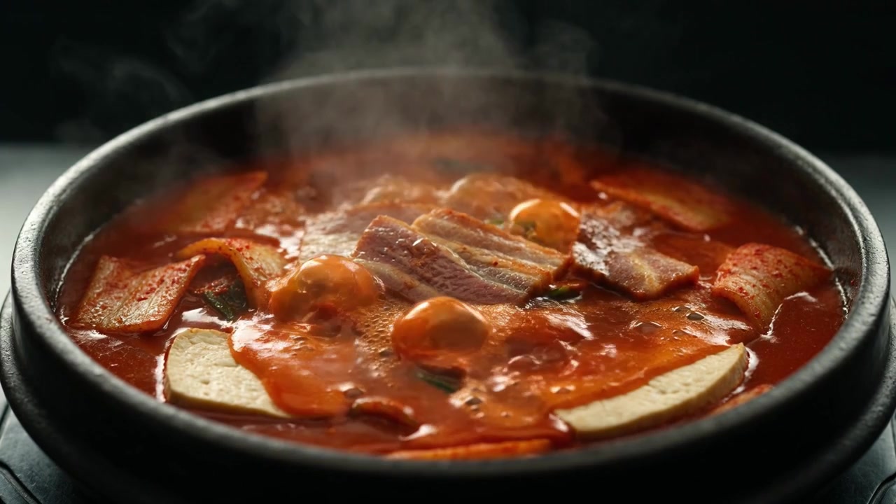 Sup kimchi Korea pedas mendidih di dalam panci batu tradisional