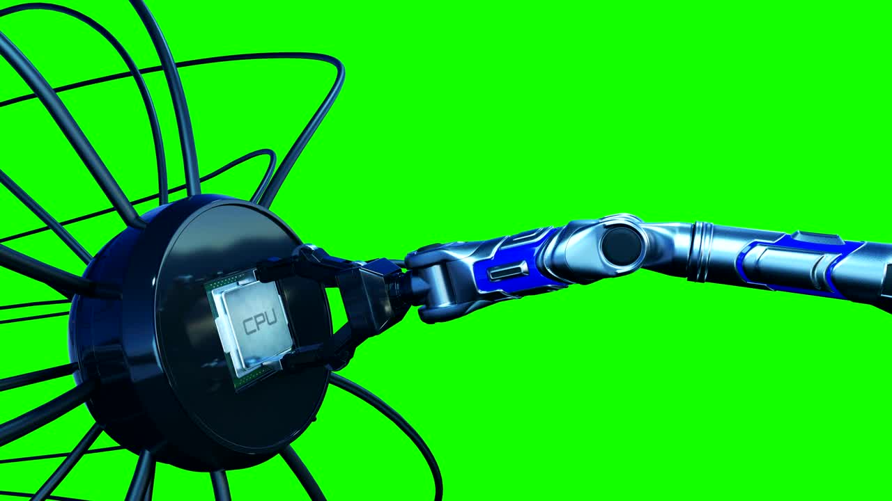 로 팔을 가진 회로판에 자동 프로세스 설치 프로세서, 그린 스크린에 추상적인 3d 애니메이션, 미래의 메인보드 및 cpu, 기술 및 디지털 컨셉, 4k uhd 3840x2160