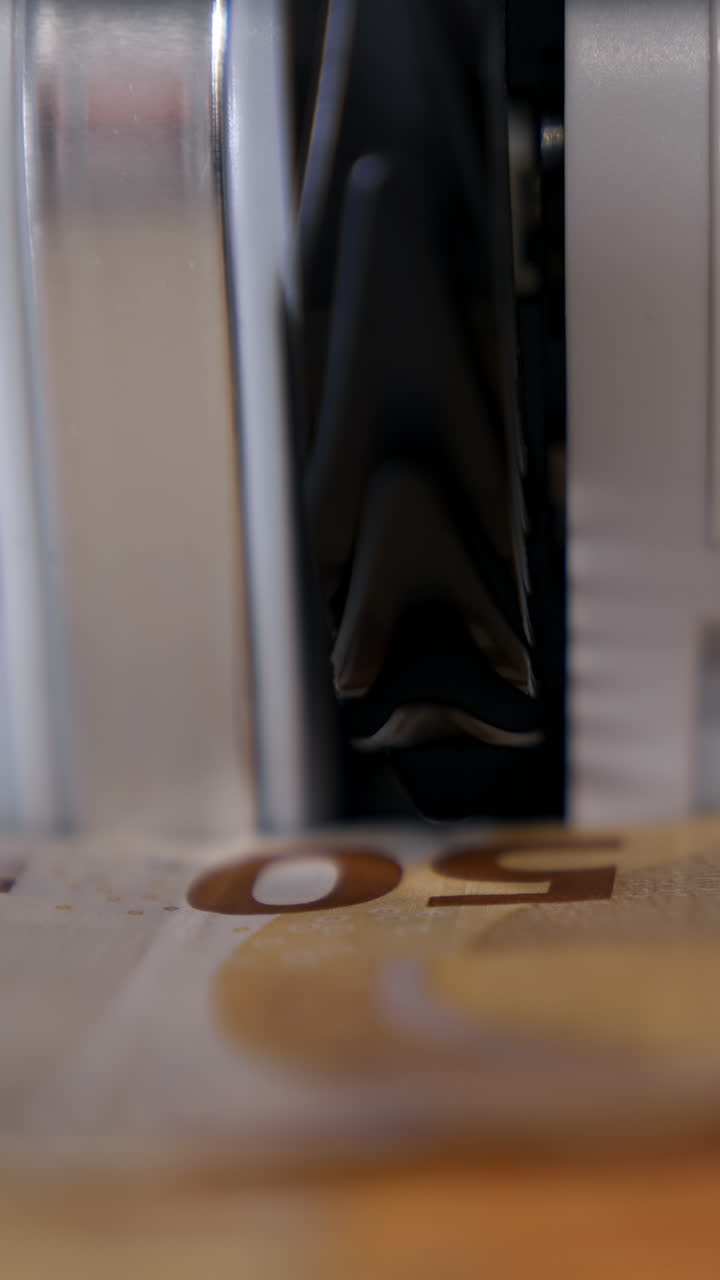 Machine for counting money. Euros banknotes. Finance concept. Mechanism for bank financial operations Vertical video