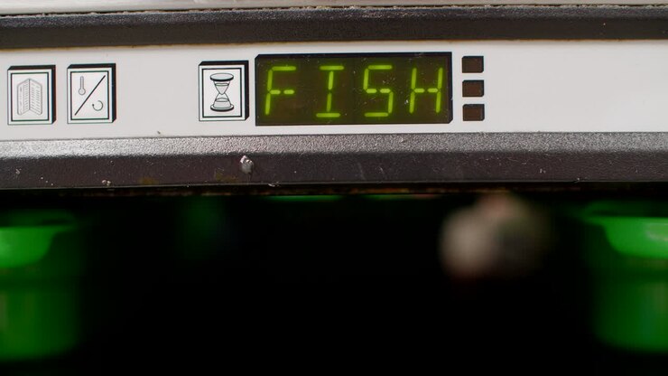 Nærbillede af varmebeholder med fisk, der trækkes ud i et fastfoodkøkken