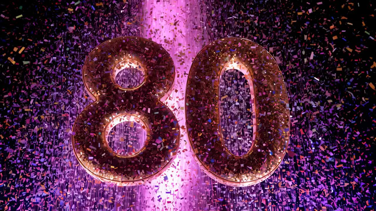 Shining 80 numerals catching rising pink beam on stage, flaring, reflecting confetti for reveal