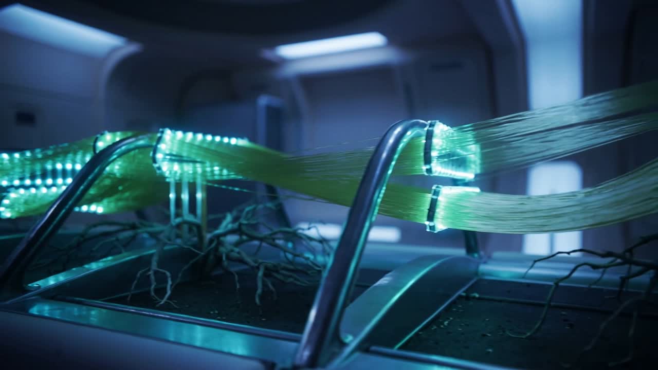 LEDs activating pulsing clear green ribbons moving across arch supports in lab feeding roots