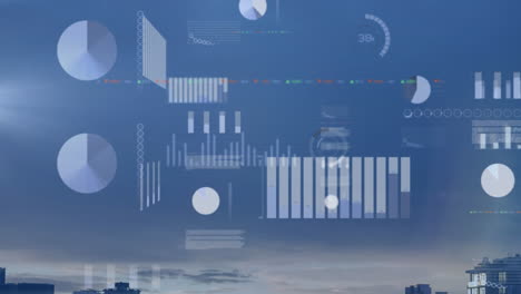 animation of statistical data processing against aerial view of cityscape