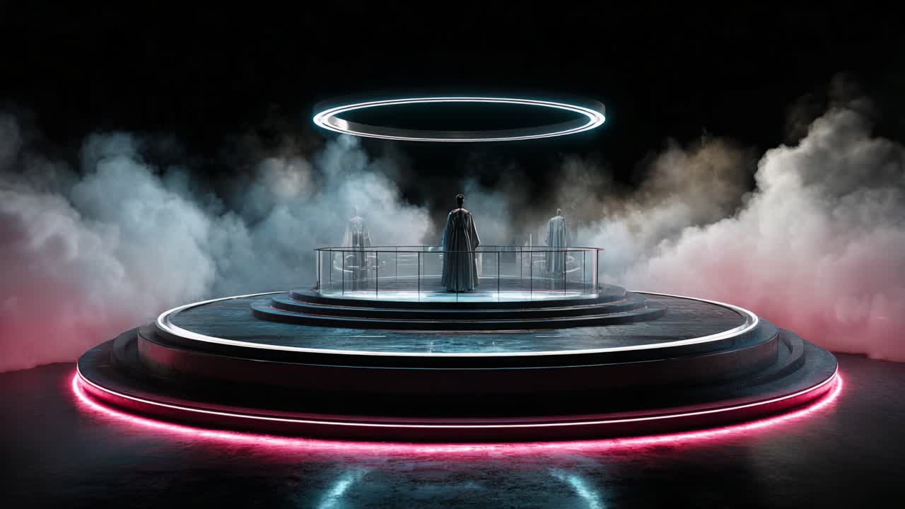 A mysterious figure stands atop a futuristic platform, surrounded by glowing rings and swirling fog, evoking a sense of wonder and intrigue in a vivid digital realm